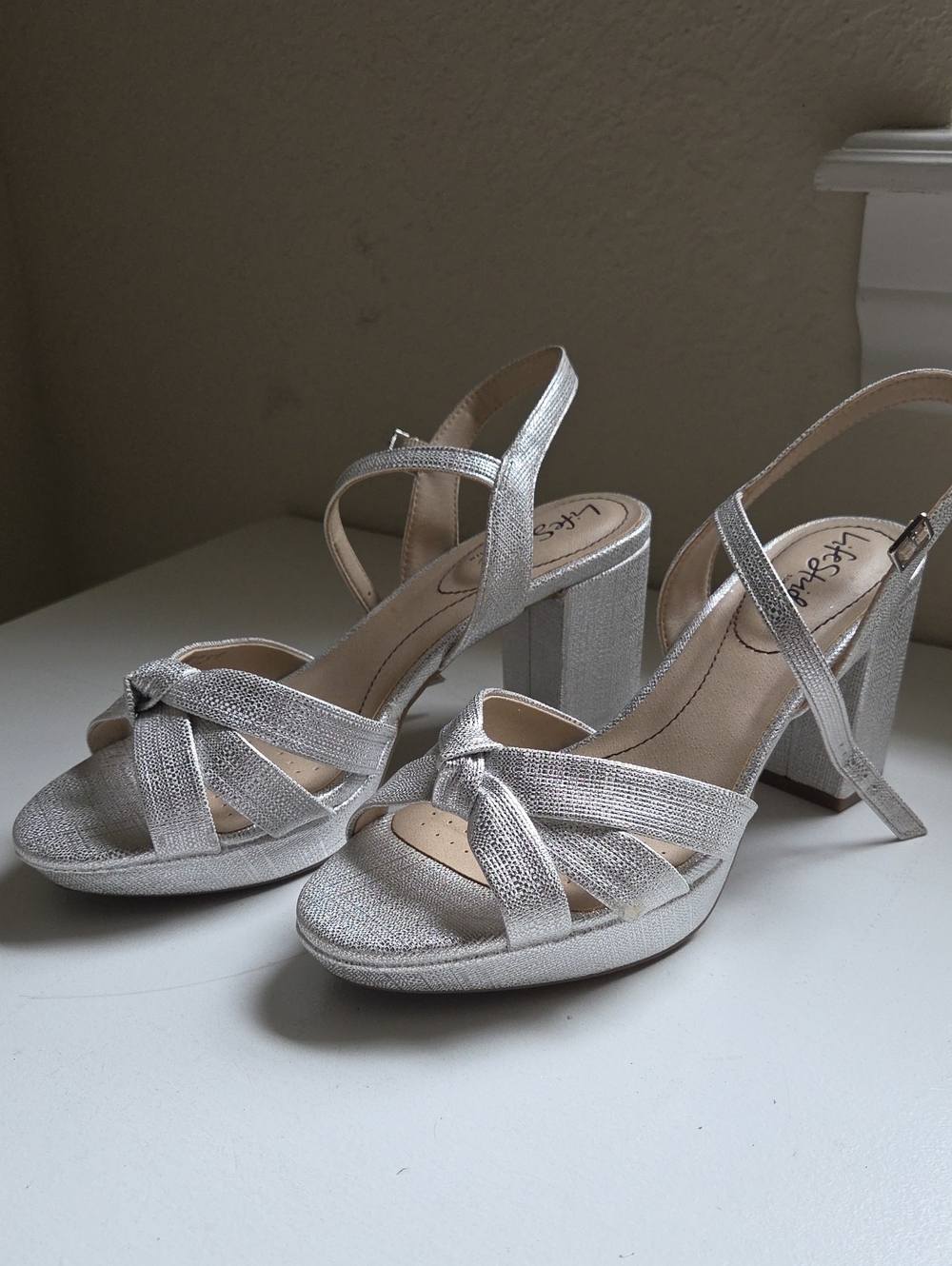 Lucky Brand Silver Metallic Block Heel Slingbacks